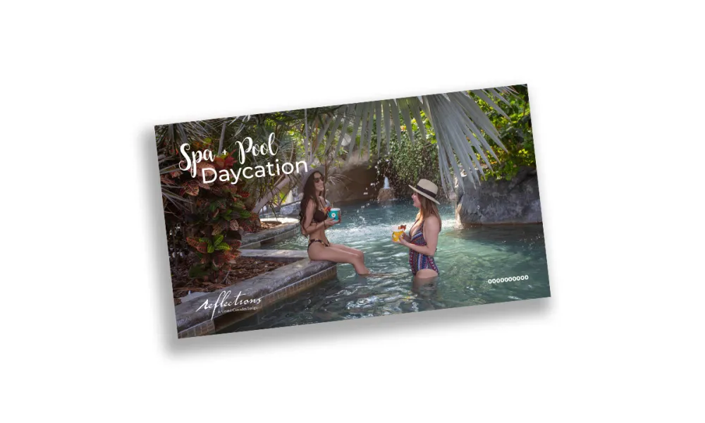 Reflections spa &amp; pool daycation voucher featuring two women in biosphere pool..