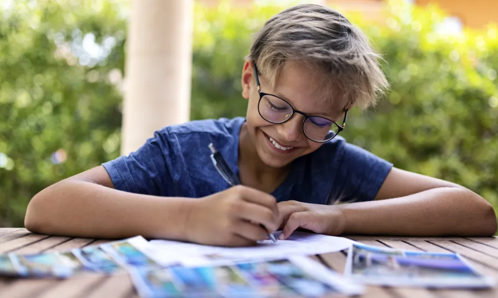 Child writing postcards