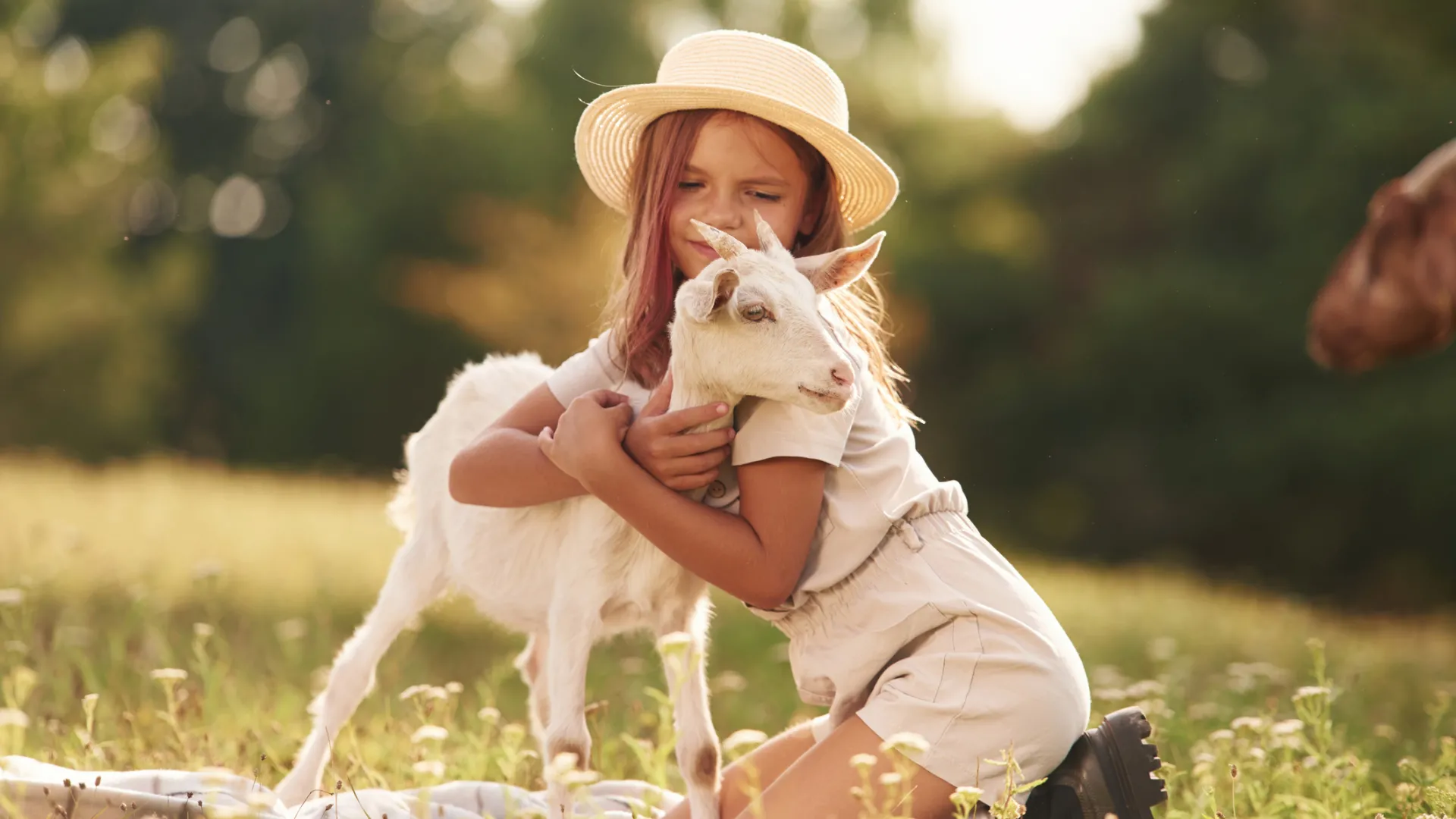 Young girl hugging a goat. 