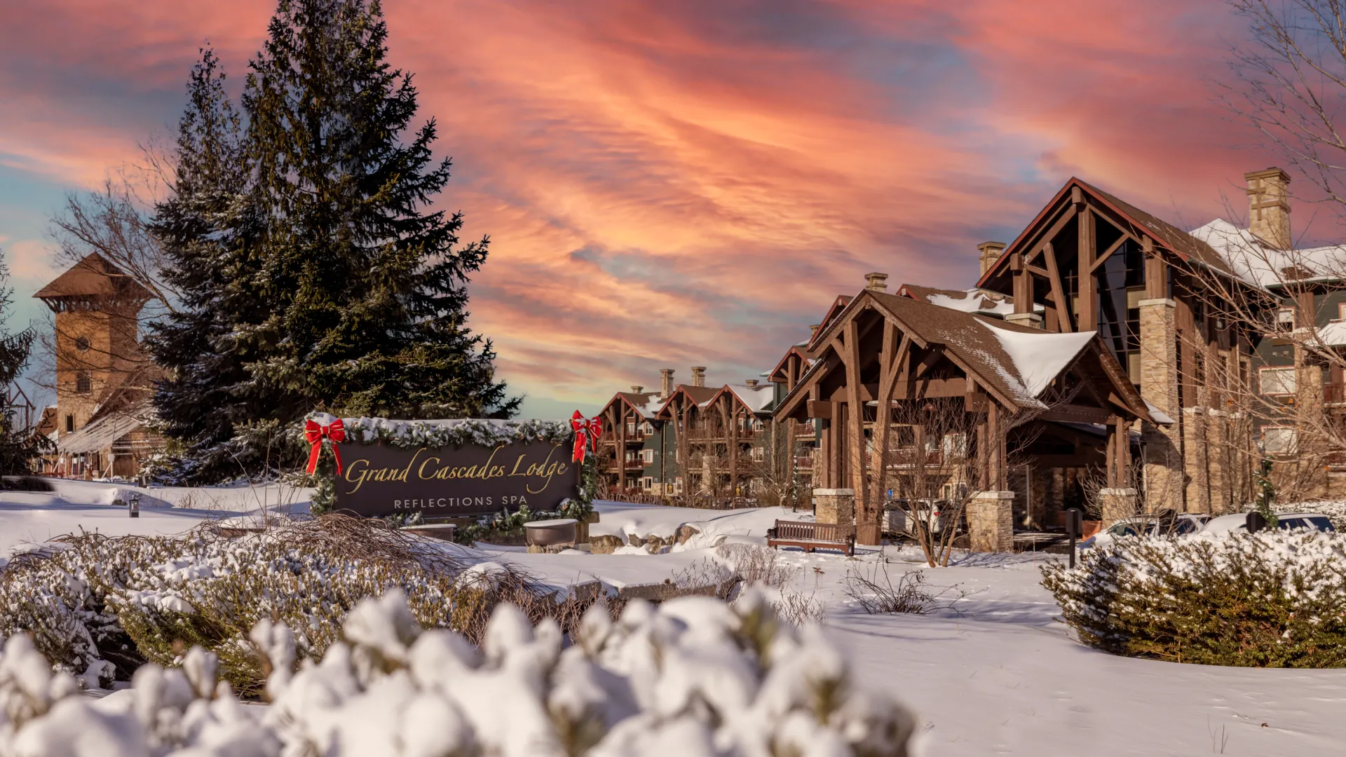 Grand Cascades Lodge entrance at Crystal Springs Resort in NJ