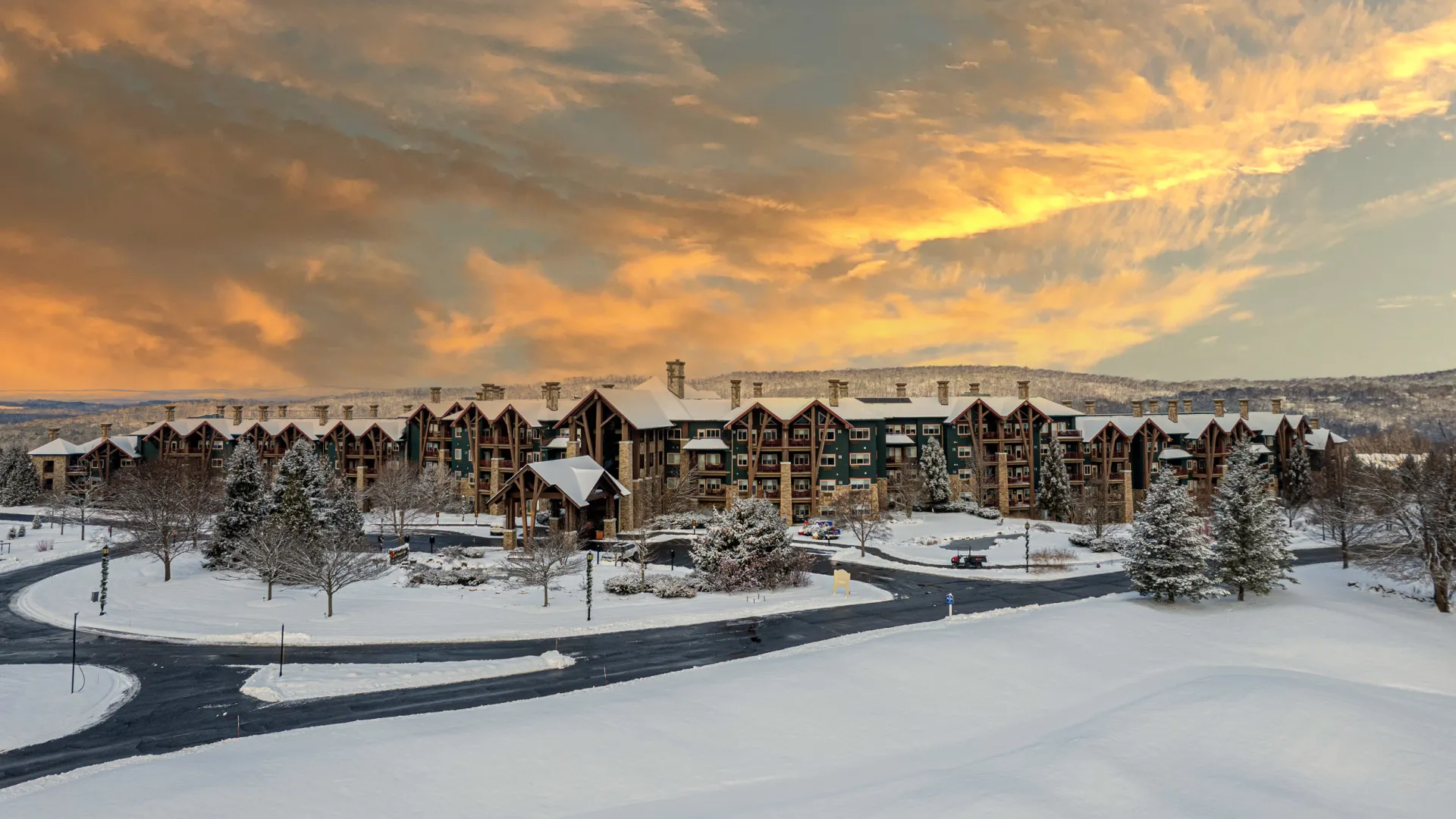 Overview during winter season of Grand Cascades Lodge at Crystal Springs Resort in NJ