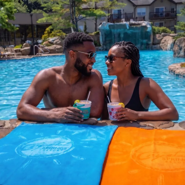 Man and woman holding drink buckets on side of Minerals pool.