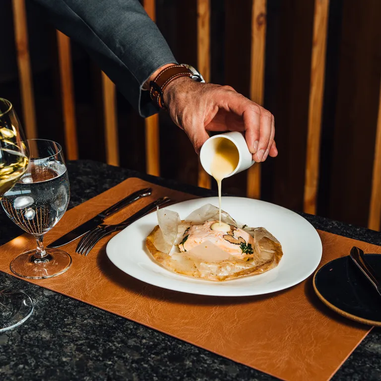 arctic char, papillotte leek fondue, truffle, vermouth