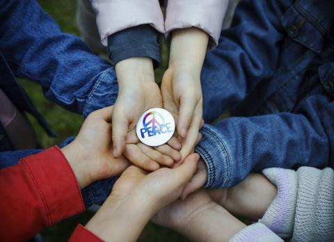 Hands holding a rock. 