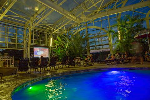 Movie screen in tropical Biosphere pool complex.