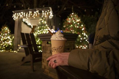 Hand holding hot chocolate with whip cream.