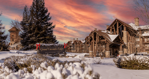 Grand Cascades Lodge entrance at Crystal Springs Resort in NJ