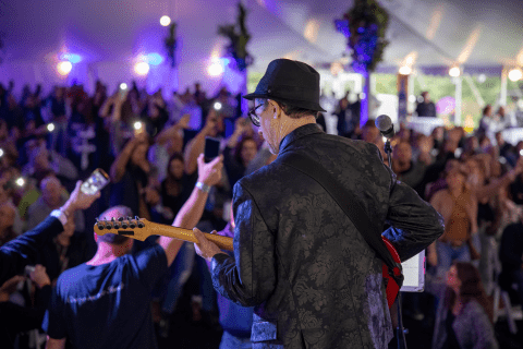 Guitarist with large crowd in front of him.