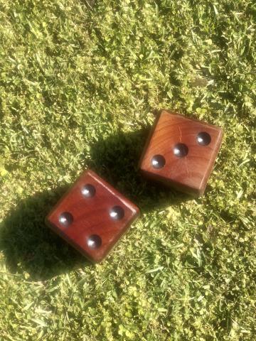Two dice on grass.
