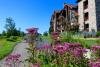 Grand Cascades Lodge exterior with purple flowers. 