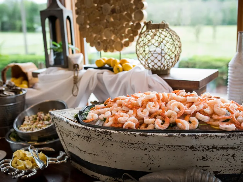 Shrimp buffet at Bear Den Grille during wedding cocktail hour at Black Bear.