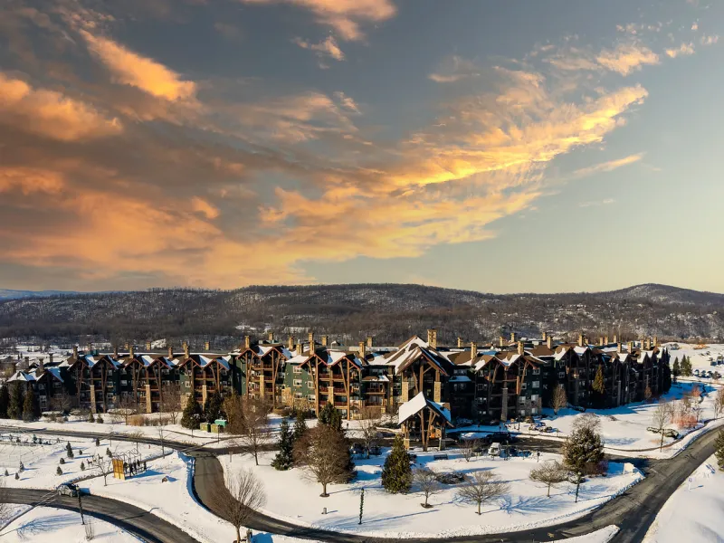 Grand Cascades Lodge in winter.