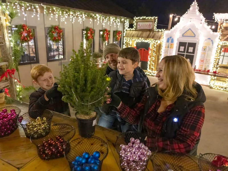 Family decorating mini Christmas tree during Winter Workshop at Minerals Hotel