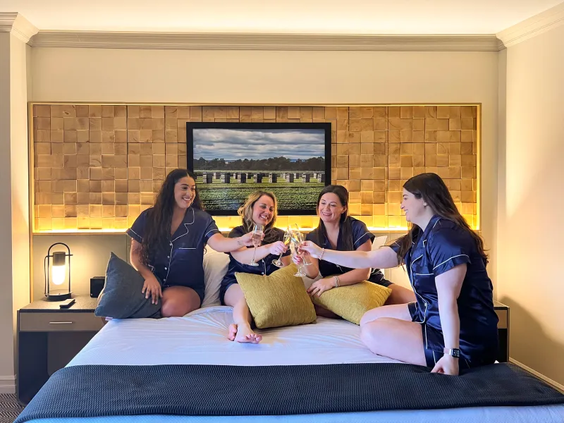 Girlfriend getaway with matching Crystal Springs pjs and proseccos